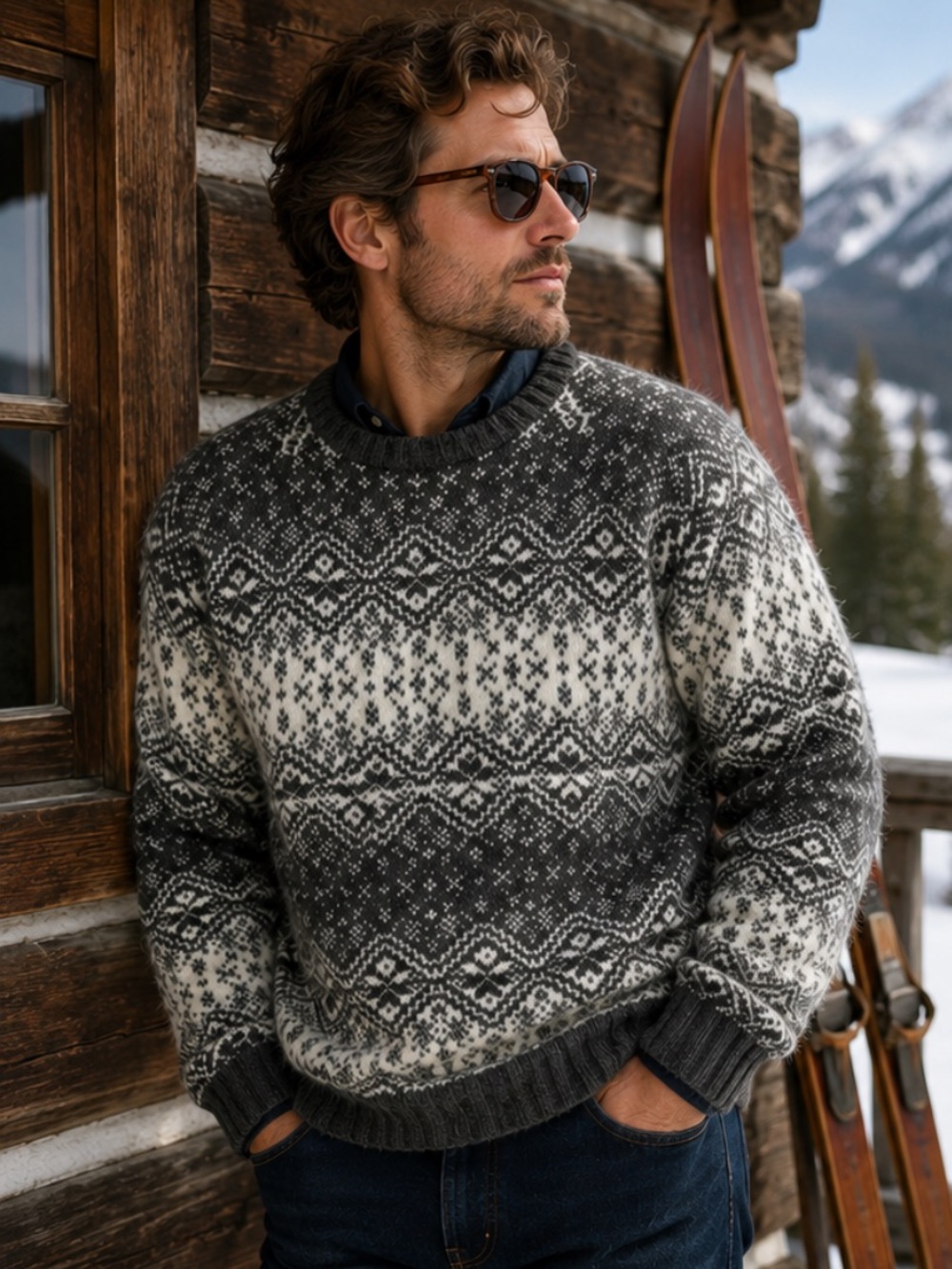J. Crew‎ Vintage  1990s Apres Ski Fair Isle Gray White Snowflake 100% Wool XL